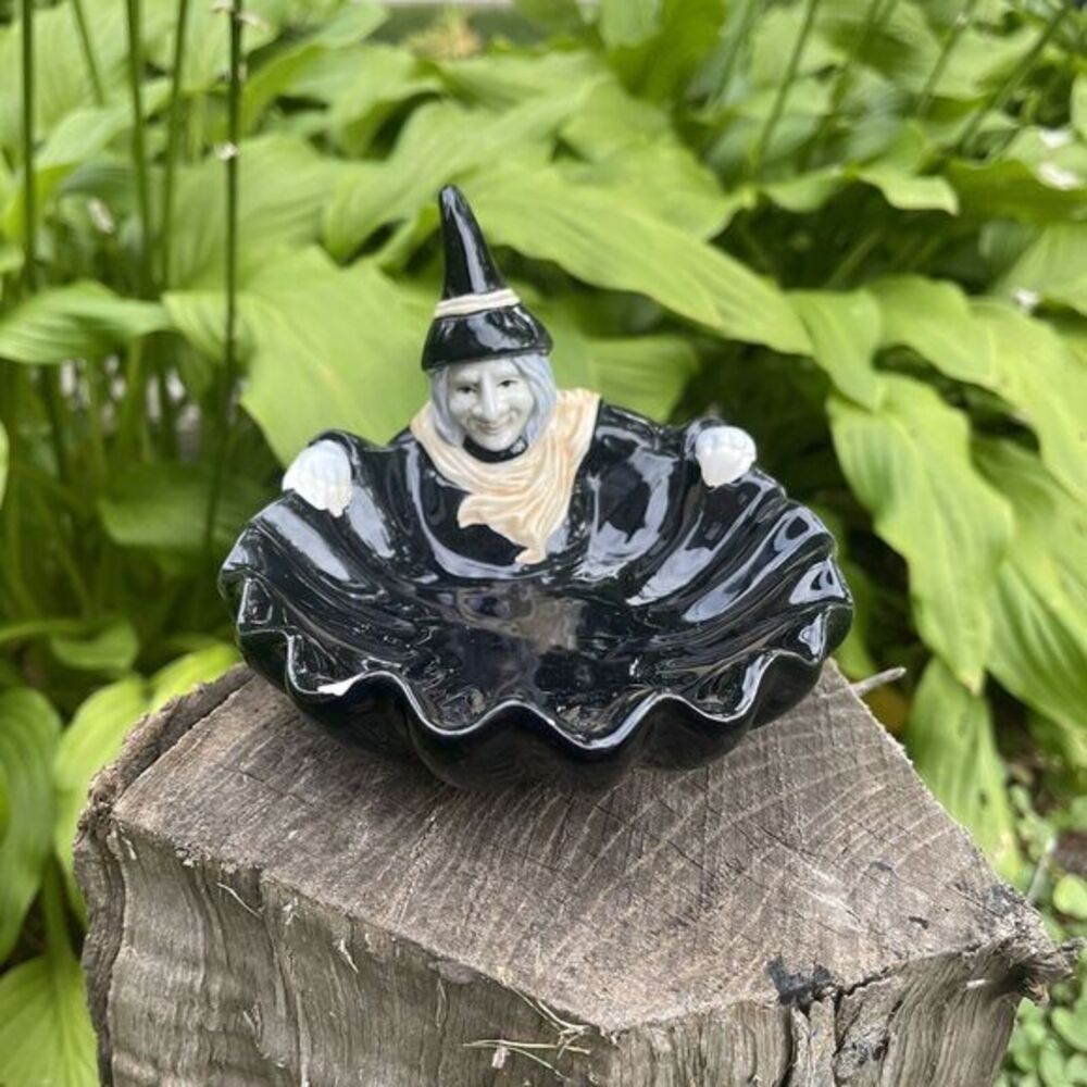 Fitz & Floyd Halloween Small 6" Green Witch Server Candy Bowl Black Chipped